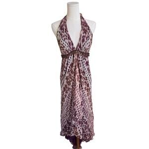 Dusk Collection Sheila Yen Silk Halter Dress Beaded Animal Print Purple Brown‎